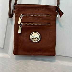 Michael Kors Brown Leather Crossbody Bag with Gold Emblem